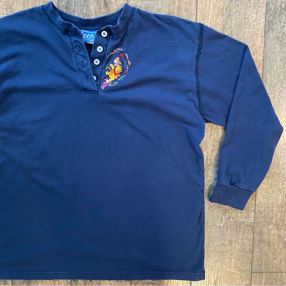 vintage disney pooh & friends fall embroidered blue long sleeve henley tee